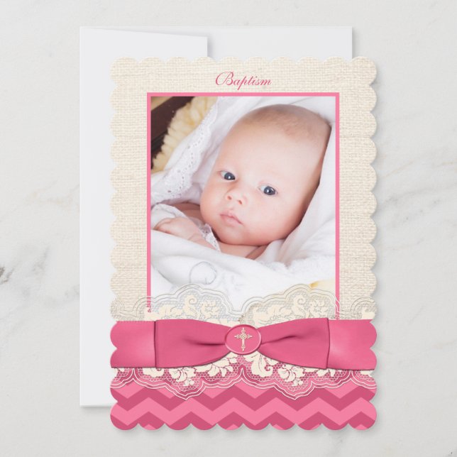 Baptême DE RIBBON IMPRIMÉ Invitation photo - Pink  (Devant)