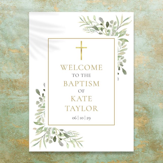 Baptême de verdure Affiche de bienvenue de baptême (Greenery Baptism Christening Welcome Sign)