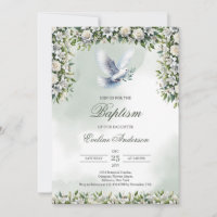 Baptême de verdure invitation avec colombe blanche