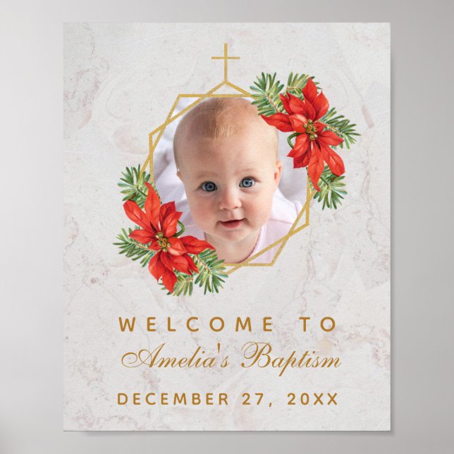 Baptême d'hiver Photo Poinsettia Affiche de bienve (Devant)