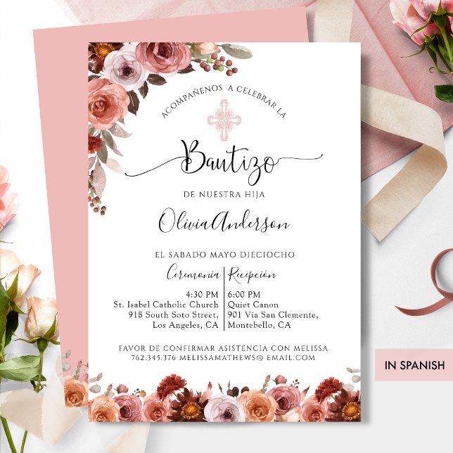 Baptême espagnol Blush rose Floral Invitation (Créateur téléchargé)