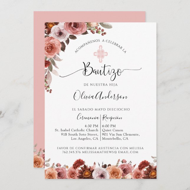 Baptême espagnol Blush rose Floral Invitation (Devant / Derrière)