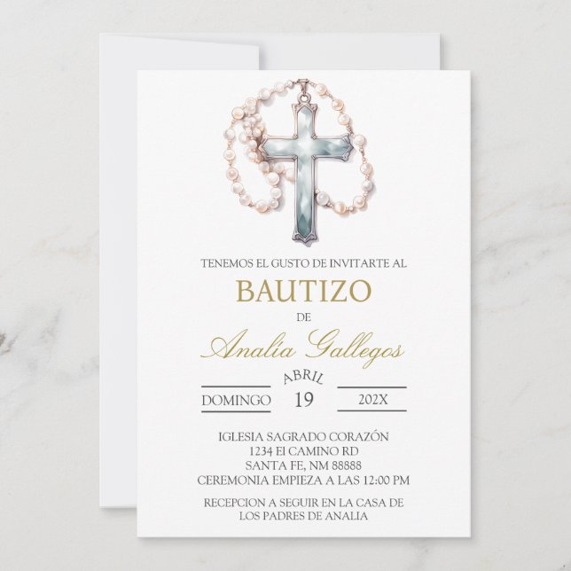 Baptême espagnol Crucifix Invitation (Devant)