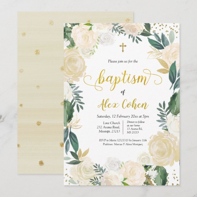 Baptême espagnol floral blanc Invitation (Devant / Derrière)