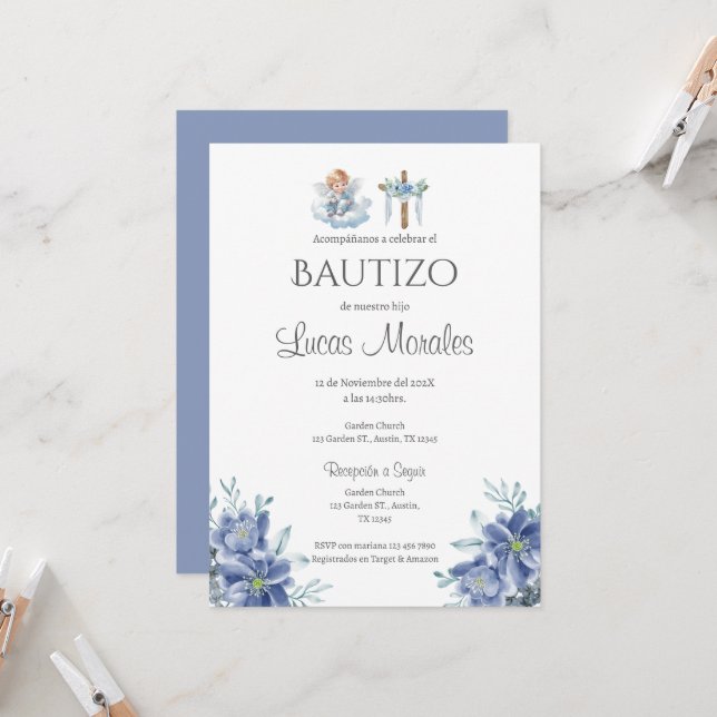 Baptême espagnol invitation garçon (Devant/Arrière en situation)