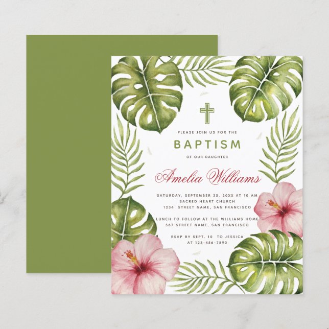 Baptême Feuilles tropicaux Hibiscus Invitation bud (Devant / Derrière)