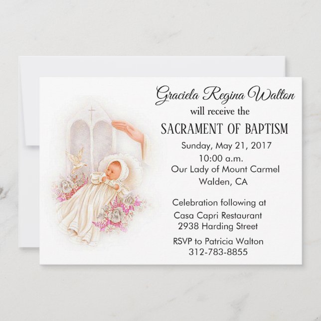Baptême fille Fleurs roses Invitation (Devant)