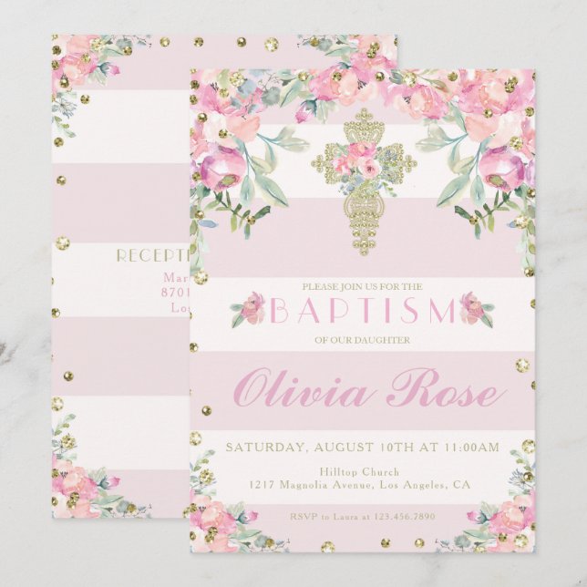 baptême fleurie rose et or invitation pour une fil (Devant / Derrière)
