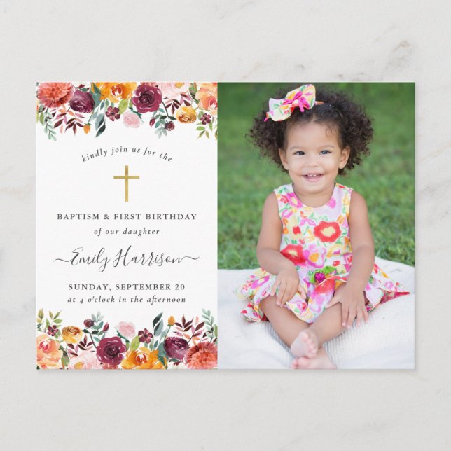 Baptême floral 1er anniversaire Invitation photo (Devant)