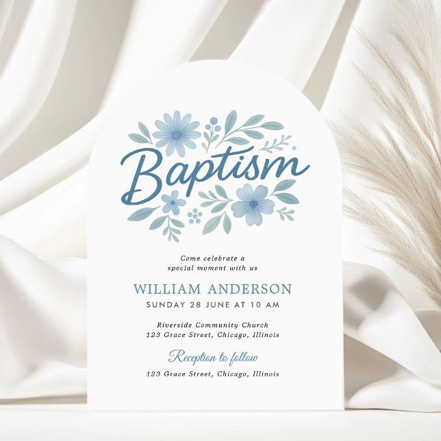 Baptême Floral Arché Invitation pour garçon (Elegant arched baptism invitation with soft blue florals on flowing white fabric background)