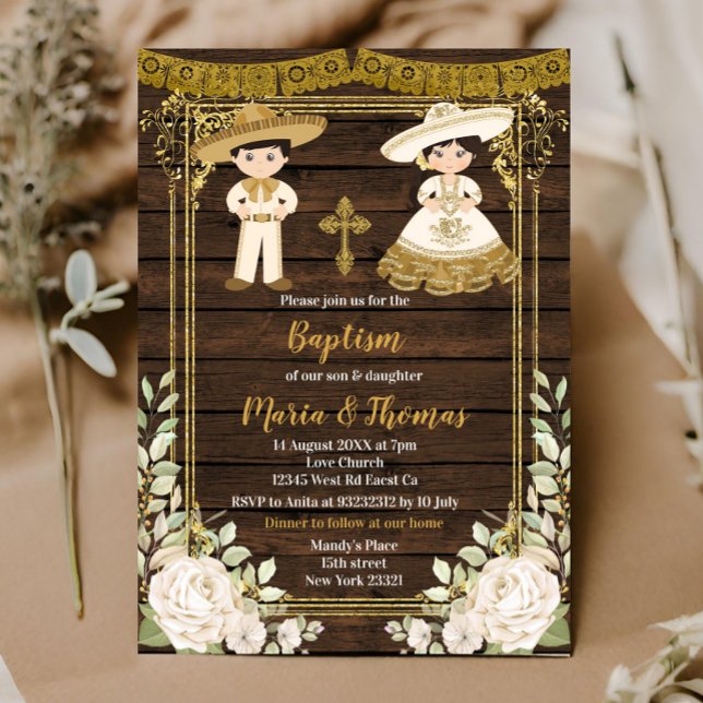 Baptême Floral Blanc Fiesta Twin Invitation (Créateur téléchargé)