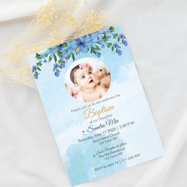 Baptême floral bleu avec invitation photo (Blue Floral Baptism with photo Invitation)