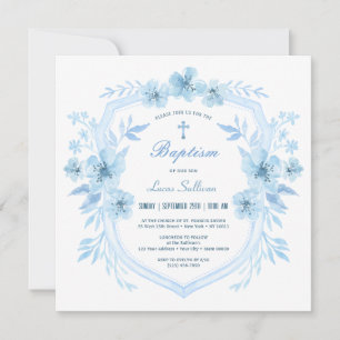 Baptême Floral Bleu Crest Invitation