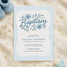 Baptême floral bleu de bord vague Invitation pour 