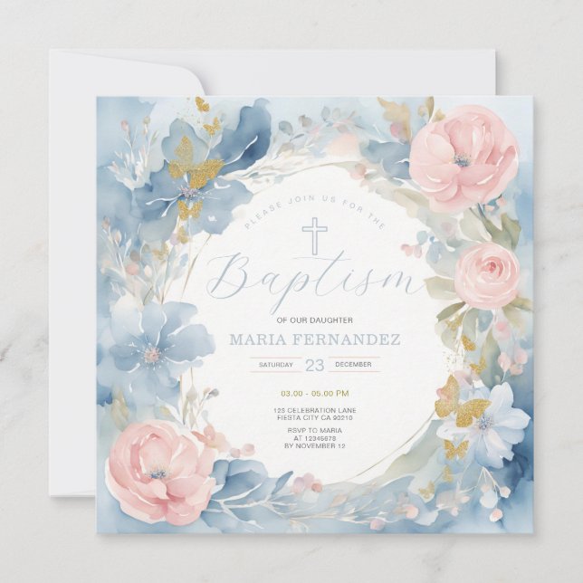 Baptême floral bleu Dusty Invitation (Devant)