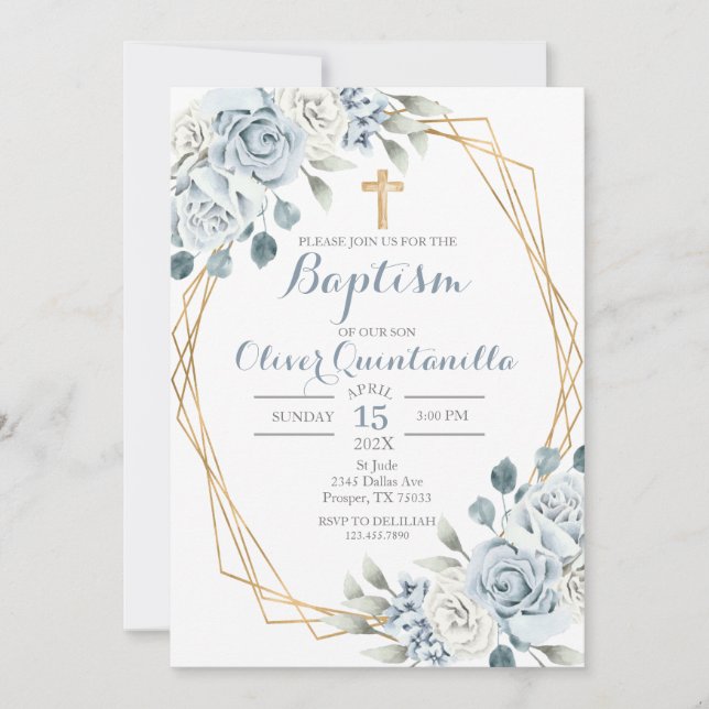 Baptême floral bleu Invitation espagnole (Devant)