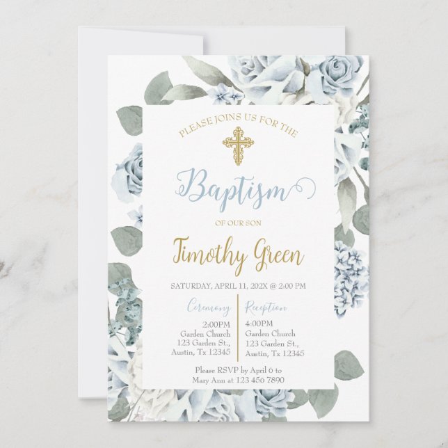 Baptême floral bleu invitation l (Devant)