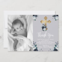 Baptême Floral Bleu Marine Merci Cartes