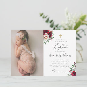 Baptême Floral Bourgogne Invitation Avec Photo