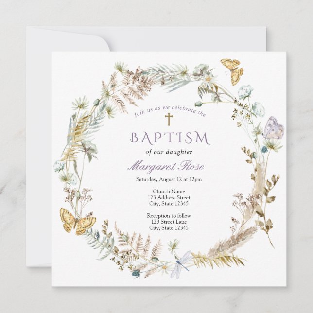 Baptême Floral et Papillons Invitation (Devant)