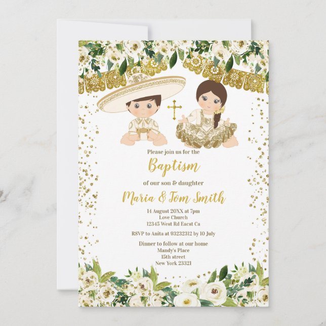 Baptême Floral Fiesta Twin Invitation (Devant)