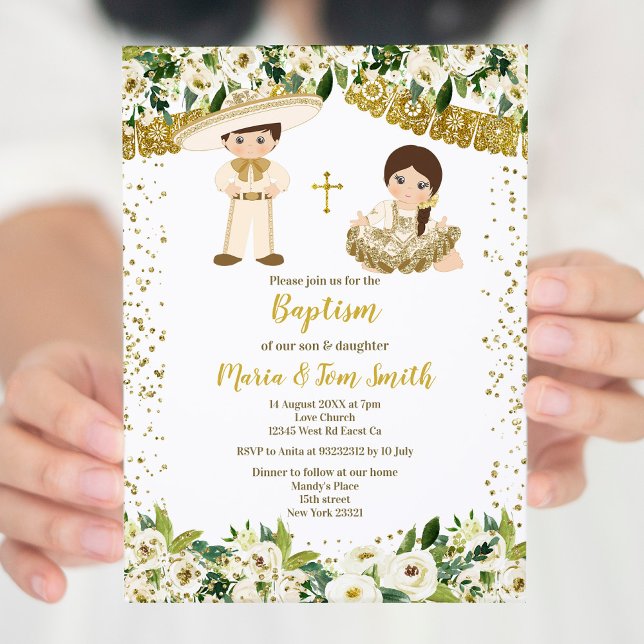 Baptême Floral Fiesta Twin Invitation (Créateur téléchargé)