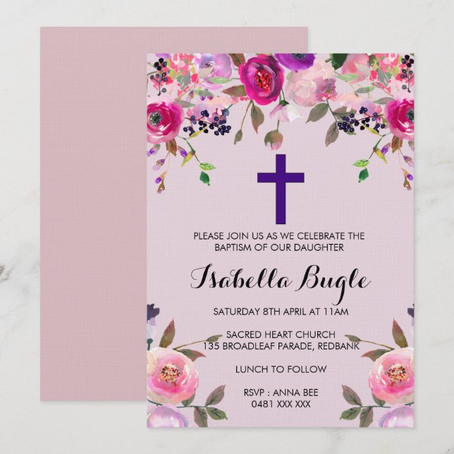 Baptême floral mauve / Invitation au baptême (Devant / Derrière)