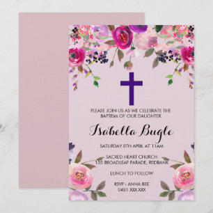 Baptême floral mauve / Invitation au baptême