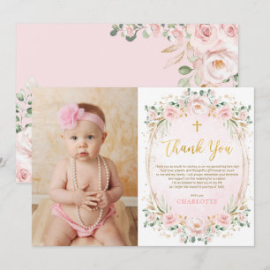 Baptême floral rose Carte de remerciements de bapt