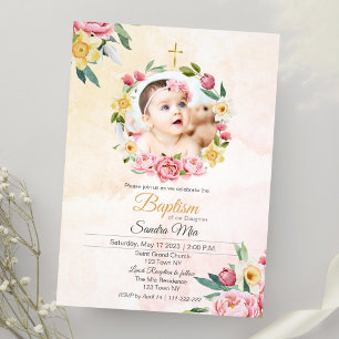 Baptême Floral rose doux Invitation