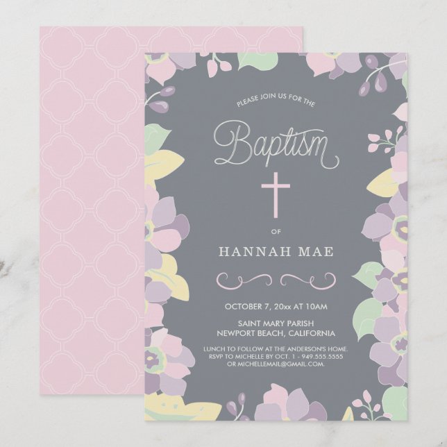 Baptême floral rose et mauve avec Invitation crois (Devant / Derrière)