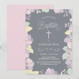 Baptême floral rose et mauve avec Invitation crois