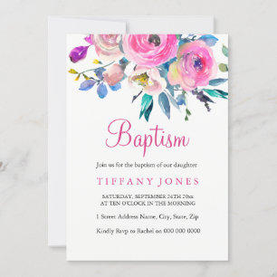 Baptême floral rose invitation Christening