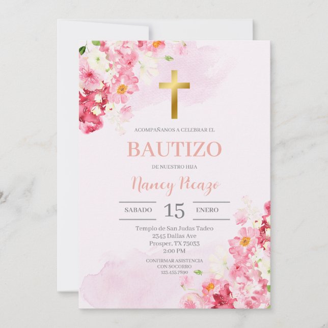 Baptême floral rose Invitation espagnole (Devant)