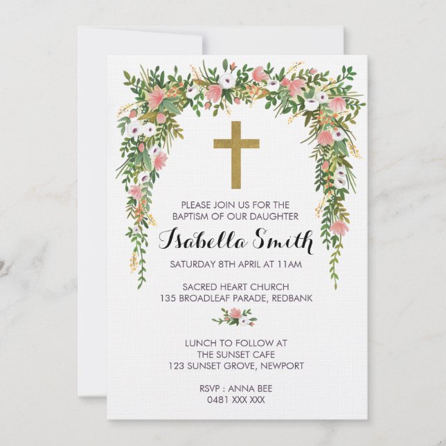 Baptême floral rose or / Invitation Christening (Devant)