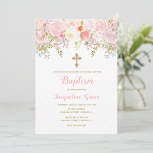 Baptême florale rose et or Invitation fille