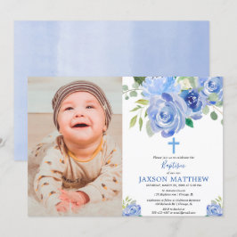 Baptême garçon invitation photo, fleurs bleu marin