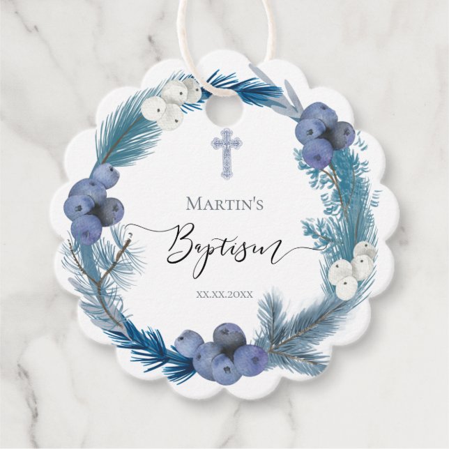 Baptême hiver bleu couronne étiquettes de faveur (Devant)