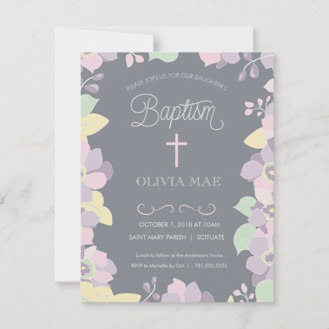 Baptême, invitation de baptême - fleurs et croix (Devant)