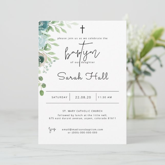 Baptême Invitation Dusty Blue (Debout devant)