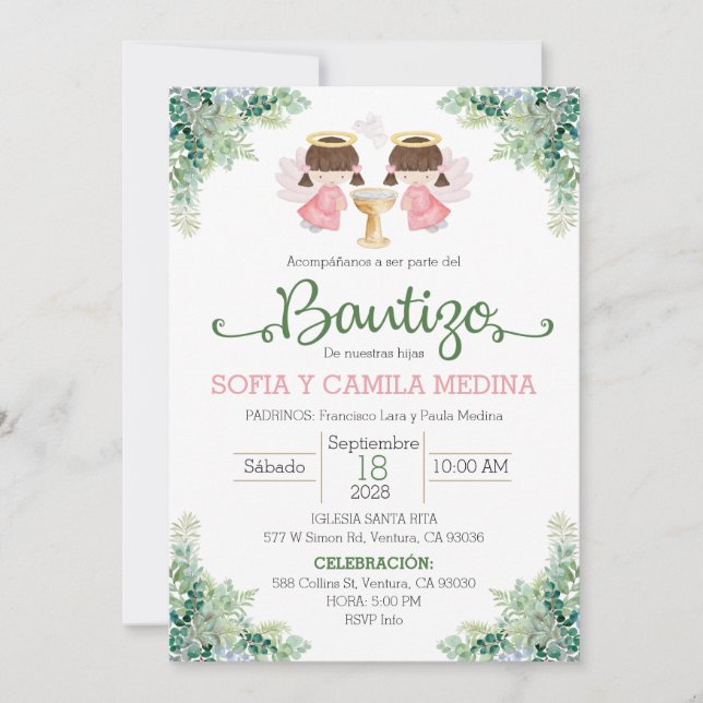 Baptême Invitation Espagnol deux filles jumelles s (Devant)