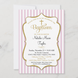 Baptême Invitation Filles Or Rose Élégant