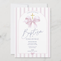 Baptême Invitation Girl, Moderne Bow rose & Or