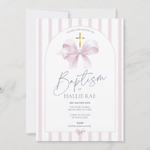 Baptême Invitation Girl, Moderne Bow rose & Or