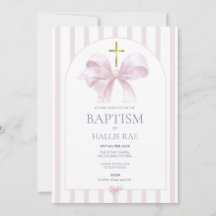 Baptême Invitation Girl, Moderne Bow Rose & Stripe
