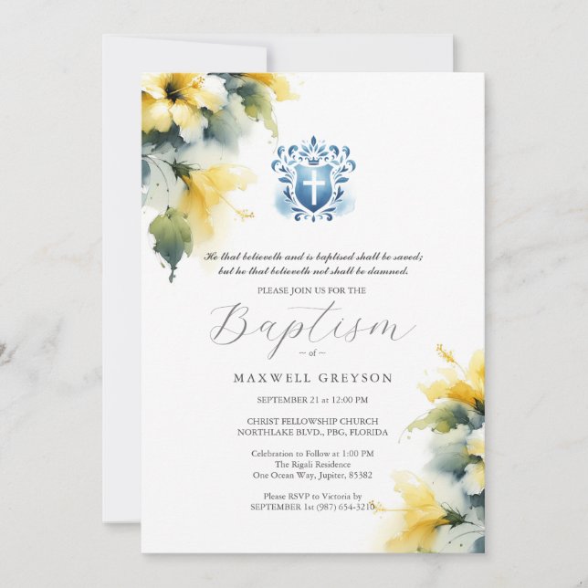 Baptême Invitations Religieux Bleu et Jaune (Devant)