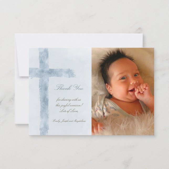 Baptême merci la croix bleu moderne invitation (Devant)