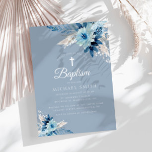Baptême moderne bleu Dusty invitation