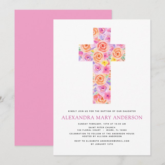 Baptême Pastel Floral Rose Croix Invitation (Devant / Derrière)