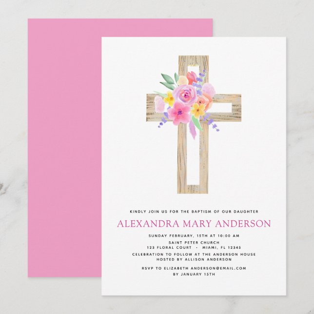 Baptême Pastel Floral Rose Croix Invitation (Devant / Derrière)